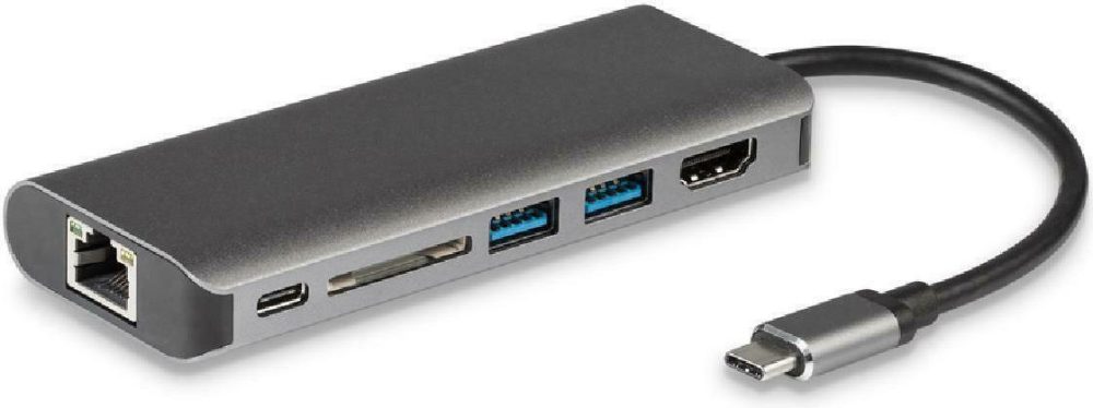 POWERTECH docking station PTH-069, 2x USB/HDMI/RJ45/USB-C PD/SD, γκρι