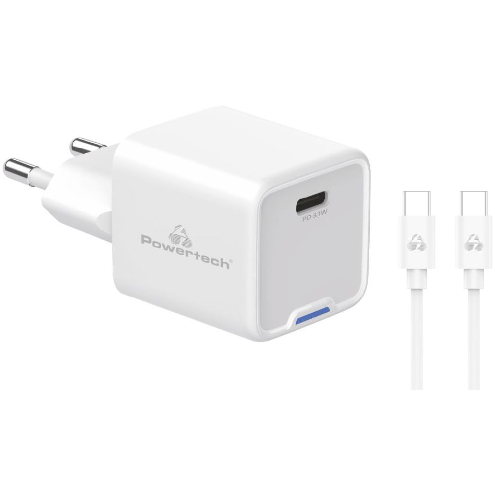 POWERTECH φορτιστής τοίχου PT-1225 με καλώδιο, USB-C, 33W, GaN, λευκός