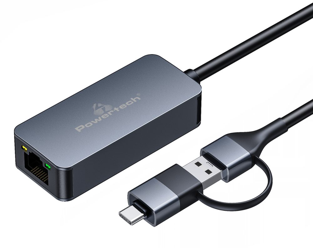 POWERTECH αντάπτορας δικτύου PTR-0149, USB & USB-C, 1000 Mbps, γκρι