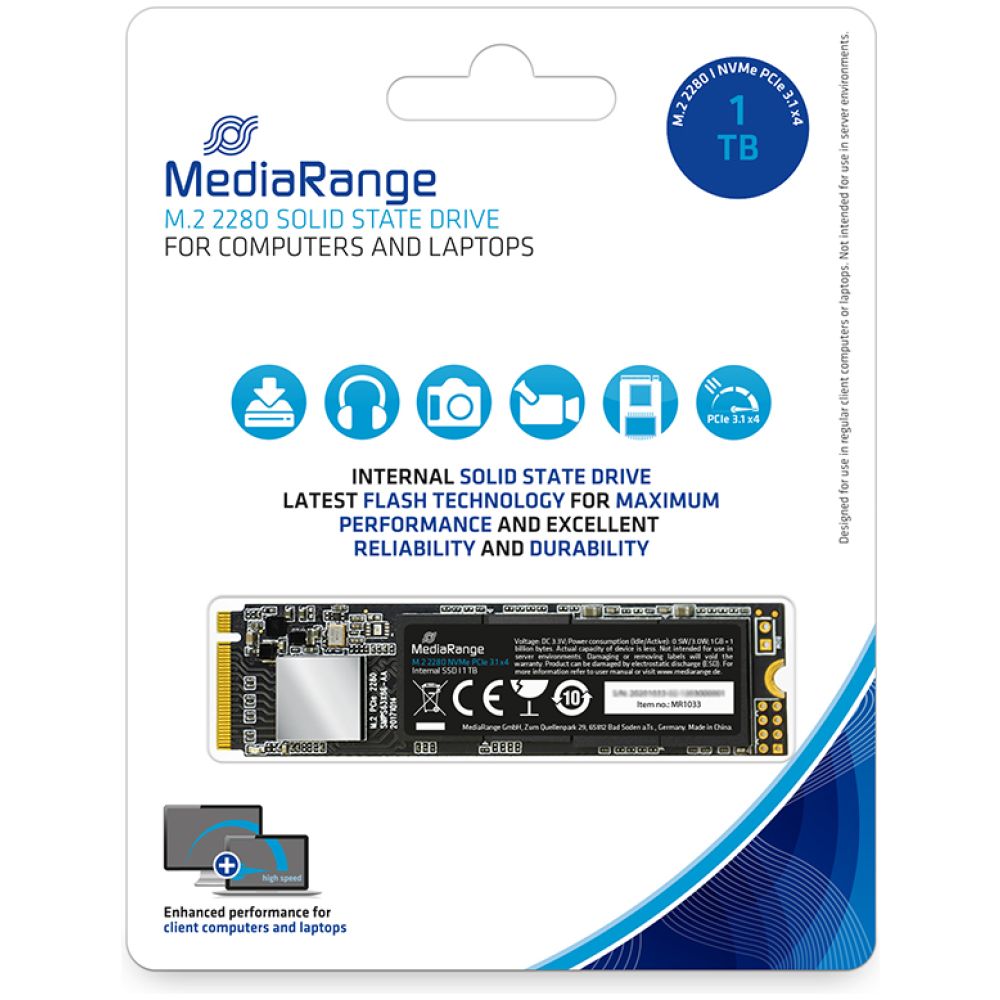 MediaRange Internal M.2 2280 solid state drive, NVMe PCIe 3.1 x4 20 Gb/s, 1TB, black