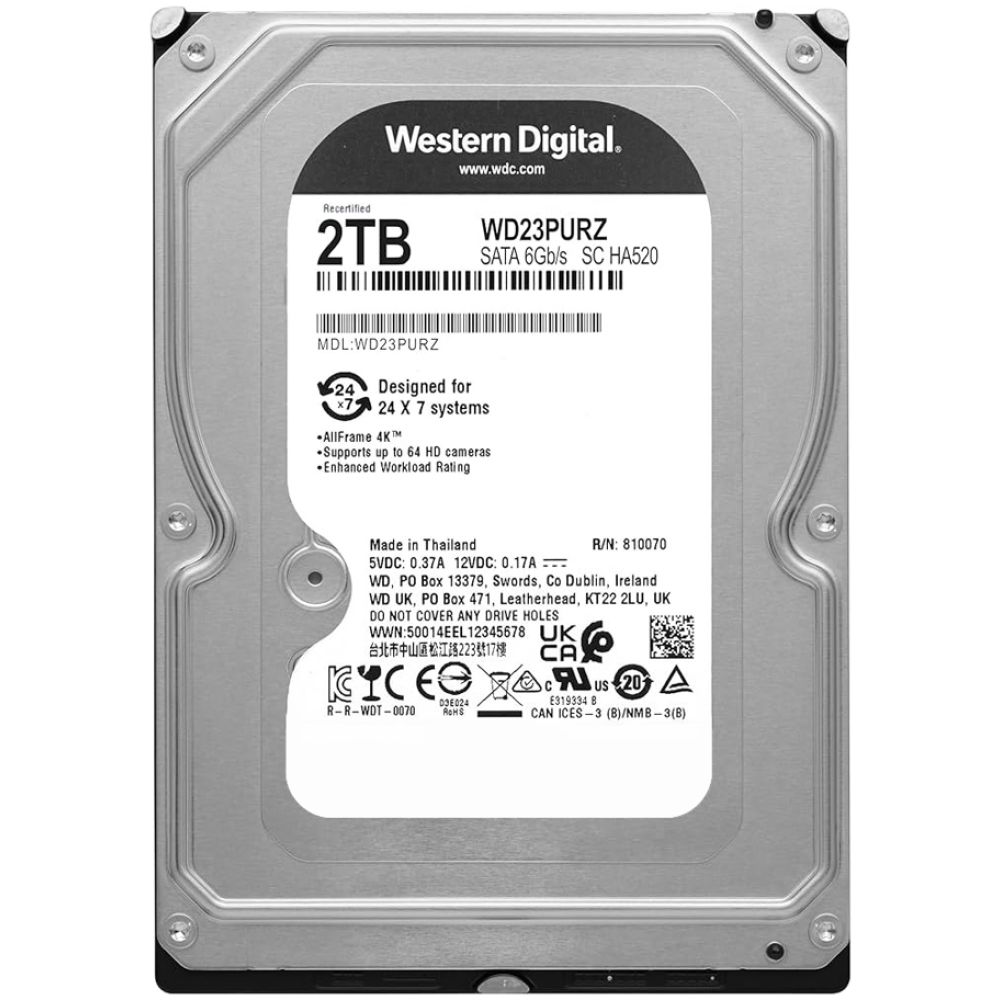 WD σκληρός δίσκος 3.5" Purple Surveillance 2TB, 64MB, 5400RPM, 6Gb/s, FR