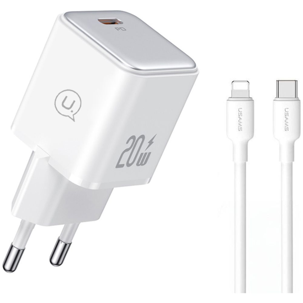 USAMS φορτιστής τοίχου US-YX με καλώδιο Lightning, USB-C 20W, λευκός