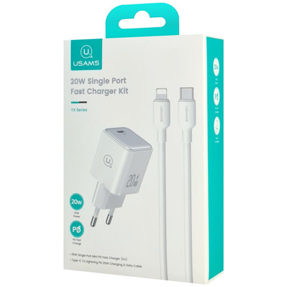 USAMS φορτιστής τοίχου US-YX με καλώδιο Lightning, USB-C 20W, λευκός - Image 3