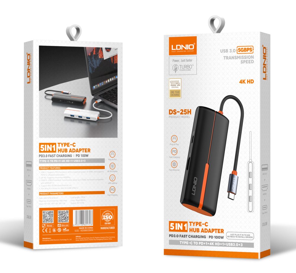 LDNIO docking station DS-25H, 5 θυρών, USB-C σύνδεση, 4K, 100W PD, μαύρο - Image 3