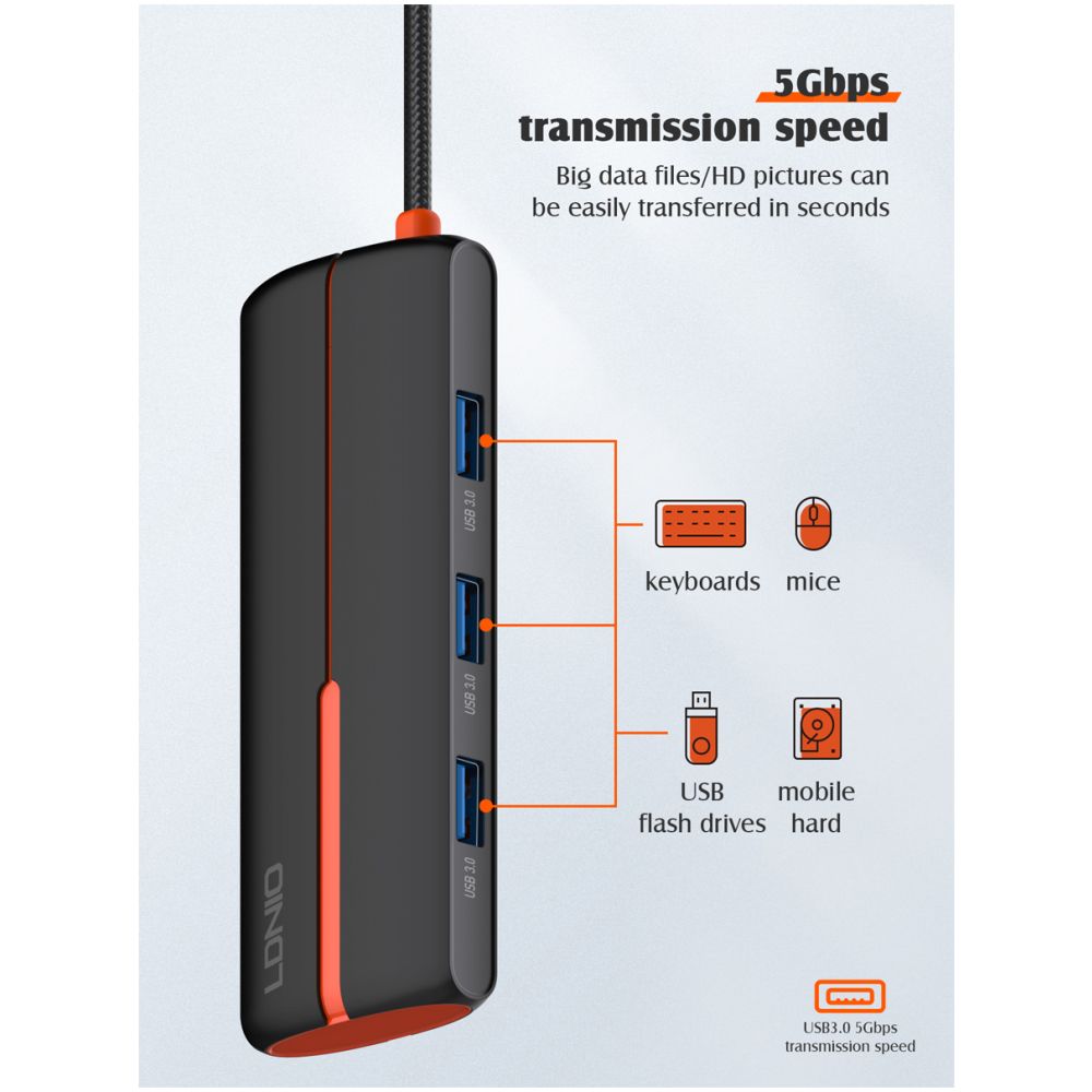 LDNIO docking station DS-25H, 5 θυρών, USB-C σύνδεση, 4K, 100W PD, μαύρο - Image 7