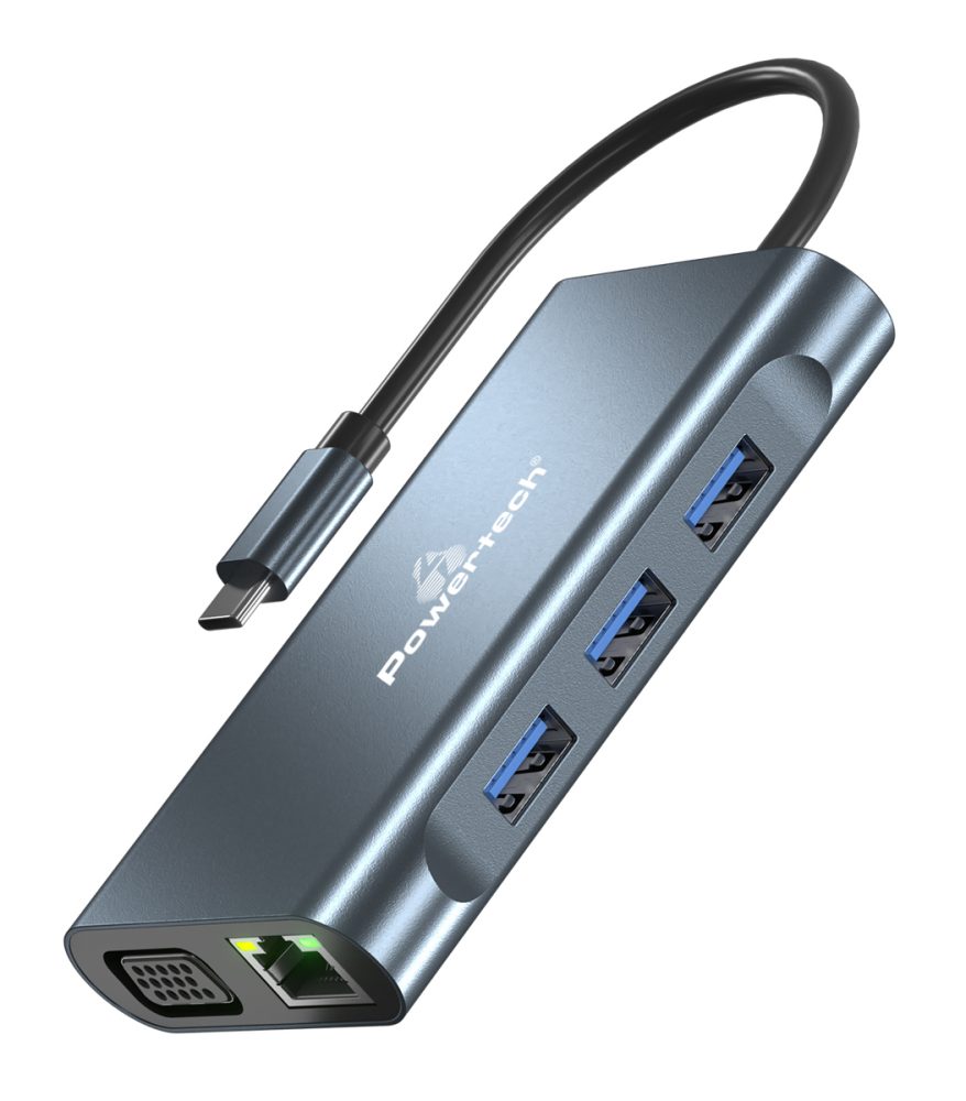 POWERTECH docking station BYL-2311 8 θυρών, USB-C σύνδεση, 100W PD, γκρι