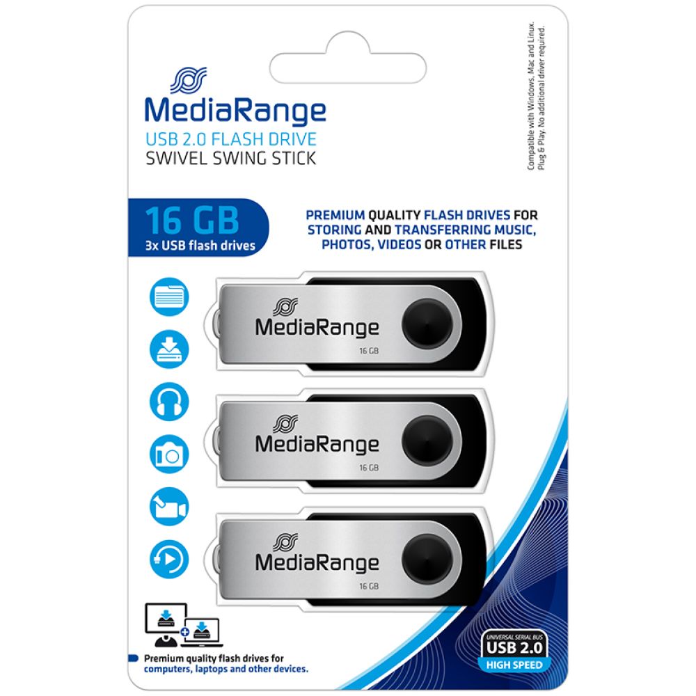 MediaRange USB flash drives, 16GB, Pack 3 (MR910-3)