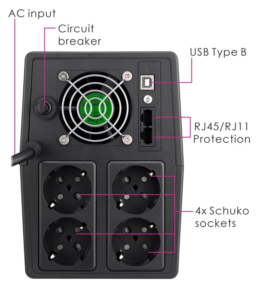 POWERTECH UPS Line Interactive PT-1800LCD με οθόνη, 1800VA, 1080W, 4x Schuko, 2x RJ45/RJ11, USB Type B - Image 2