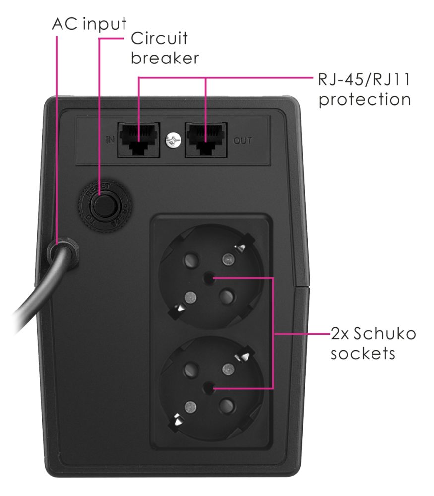 POWERTECH UPS Line Interactive PT-850LCD με οθόνη, 850VA, 510W, 2x Schuko, 2x RJ45/RJ11 - Image 2