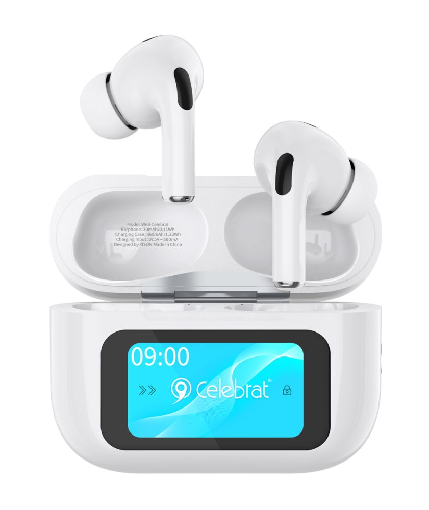 CELEBRAT earphones με θήκη φόρτισης W63, οθόνη αφής, TWS, ANC, 13mm, 30/360mAh, λευκό