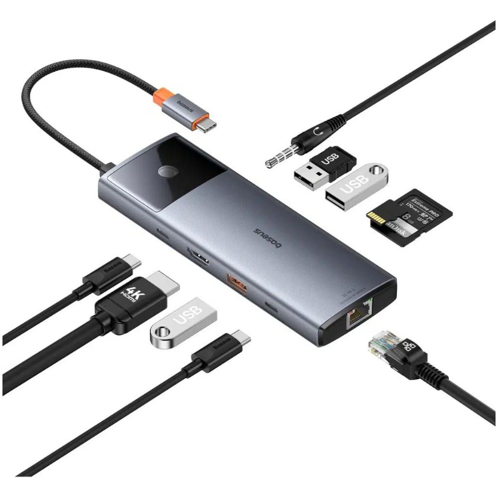 Baseus Hub 10in1  Metal Gleam II Series USB-C to 1xHDMI USB-A 10Gbps USB-C 2xUSB-A Ethernet RJ45 SD/TF card mini-jack 35mm USB-CPD (B00061800813-00) (BASB00061800813-00)