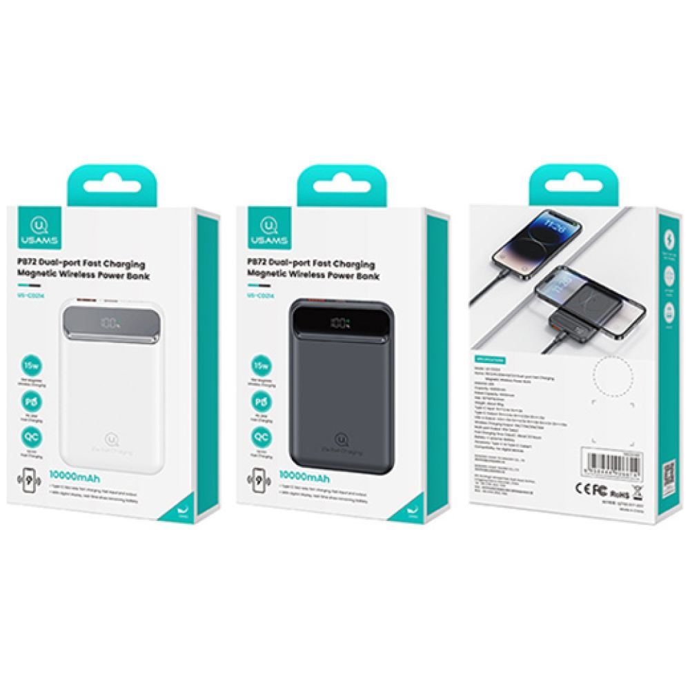 USAMS power bank US-CD214, 2x έξοδοι, wireless, 10000mAh, 20W, μαύρο - Image 4