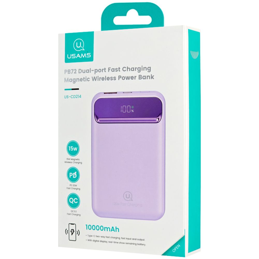 USAMS power bank US-CD214, 2x έξοδοι, wireless, 10000mAh, 20W, μωβ - Image 4