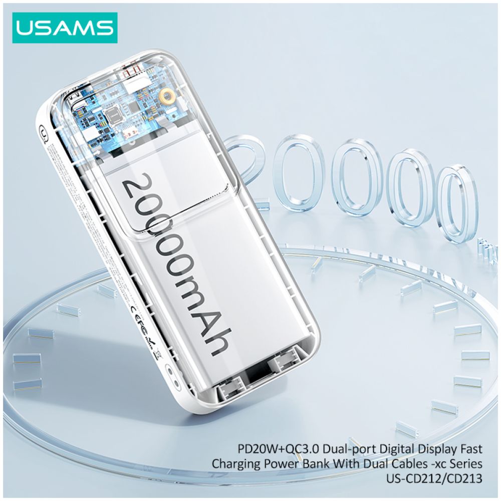 USAMS power bank US-CD212 με καλώδια, 4x έξοδοι, 20000mAh, 20W, μωβ - Image 4