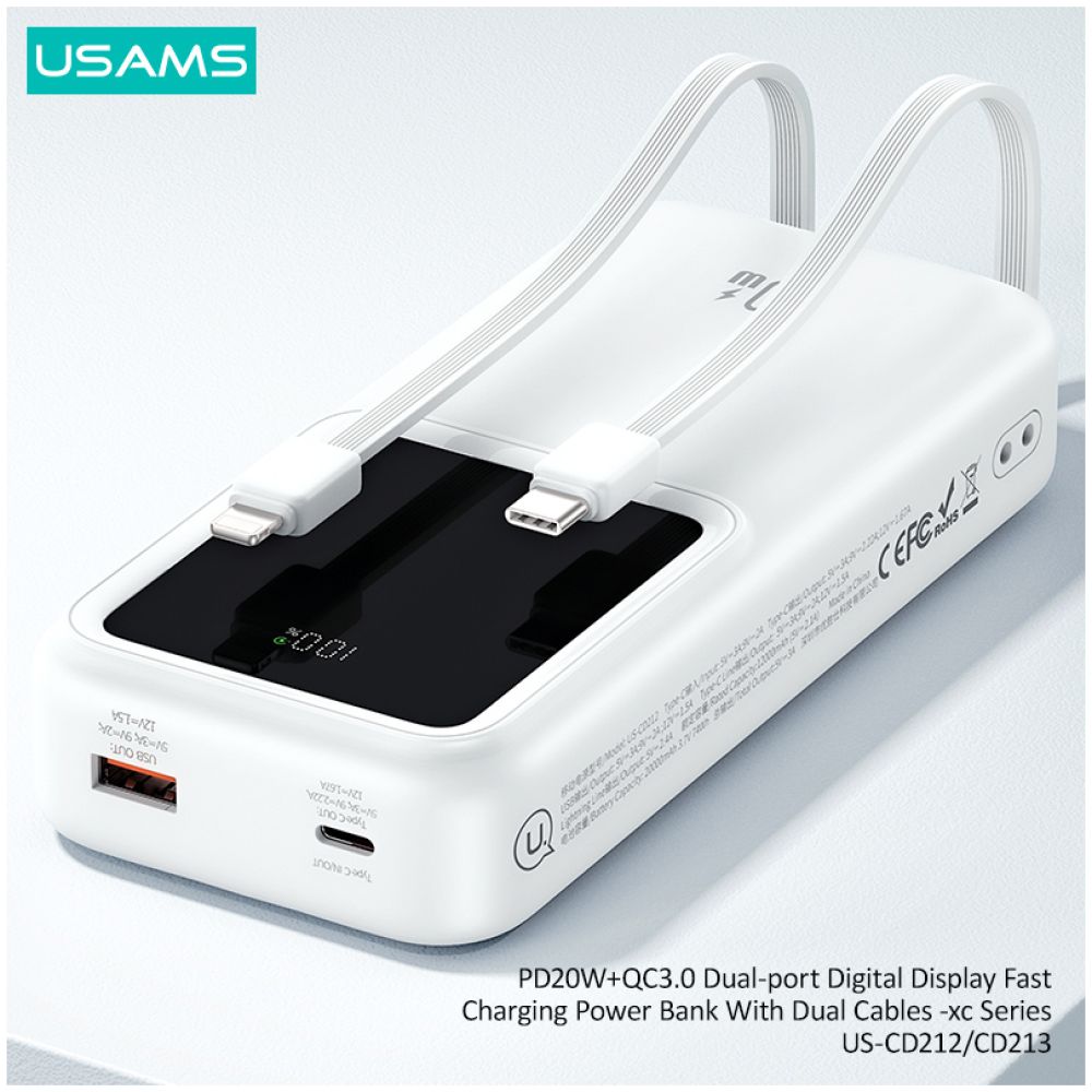 USAMS power bank US-CD212 με καλώδια, 4x έξοδοι, 20000mAh, 20W, μωβ - Image 5