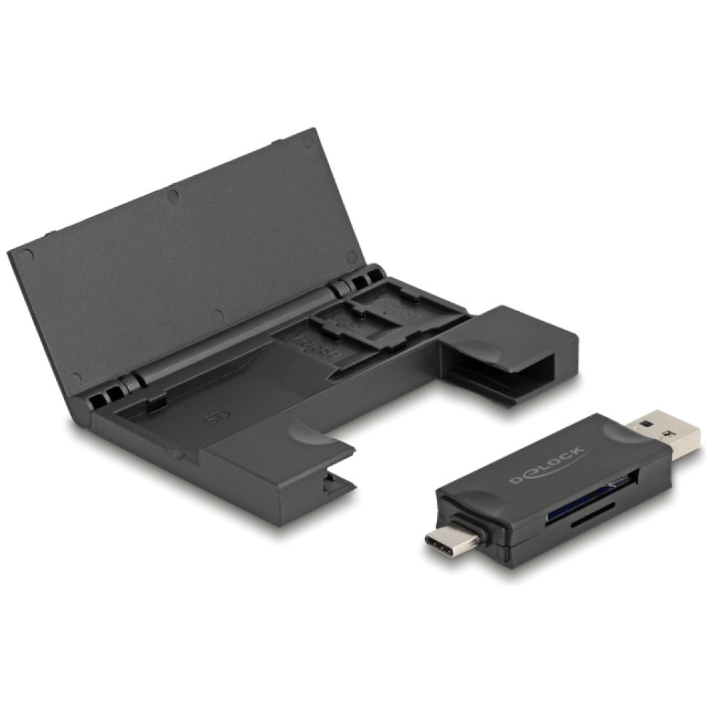 DELOCK card reader 91014 για SD & micro SD, με θήκη, USB/USB-C, 5Gbps, μαύρο