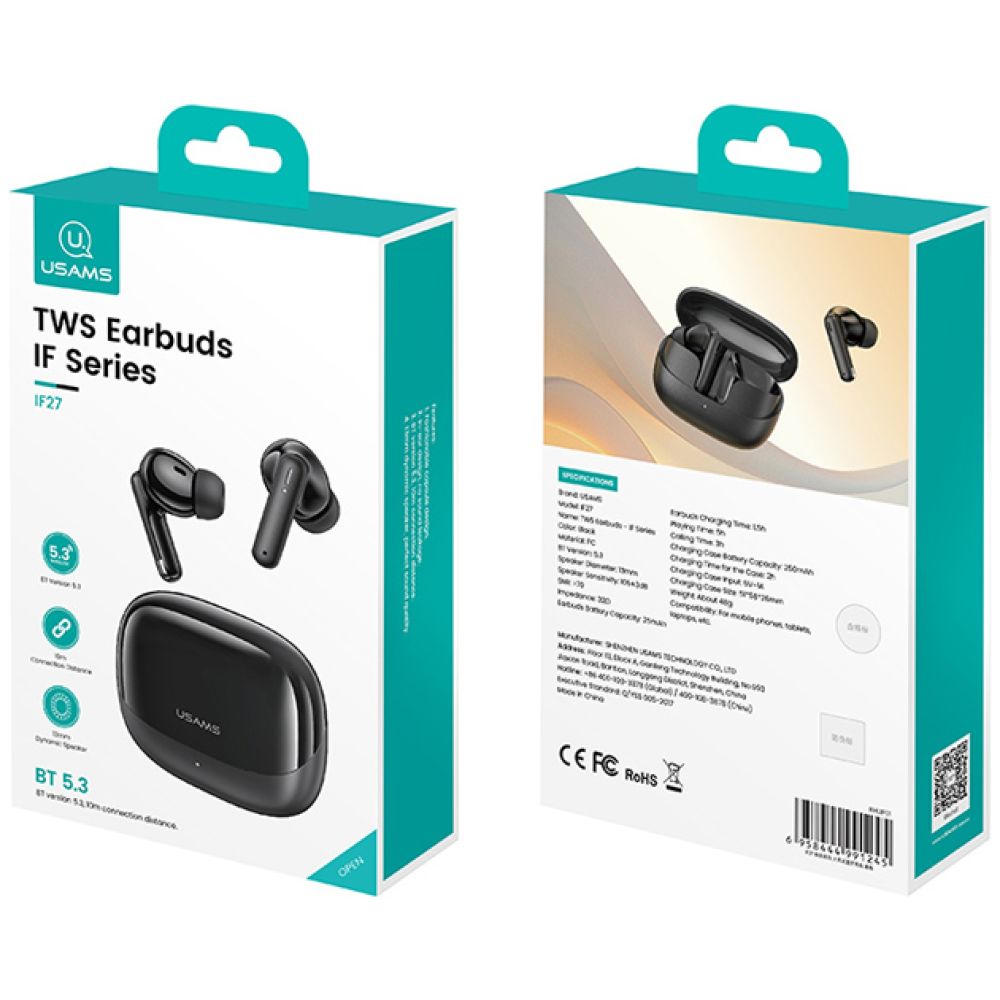 USAMS earphones με θήκη φόρτισης IF27, TWS, Φ13mm, 25/250mAh, μαύρα - Image 6