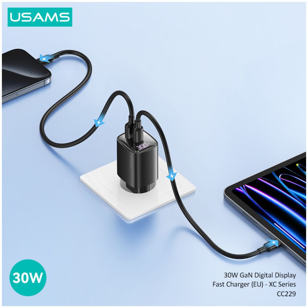 USAMS φορτιστής τοίχου US-CC229, USB & USB-C, 30W, GaN, μαύρος - Image 3