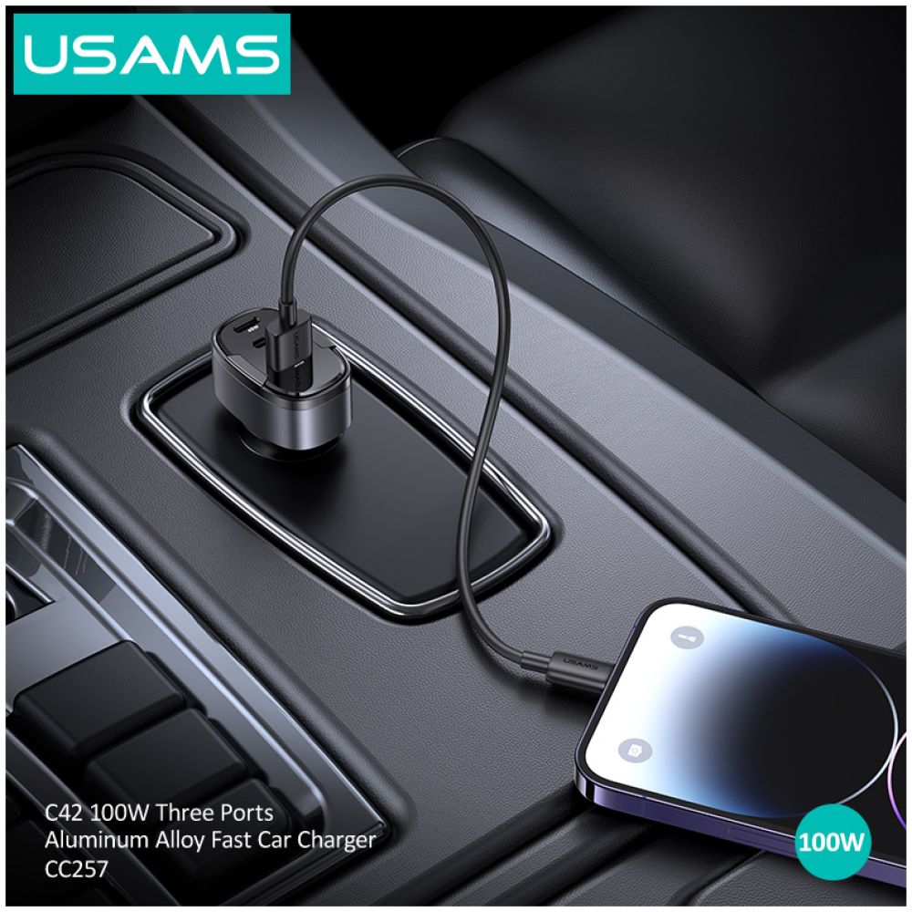 USAMS φορτιστής αυτοκινήτου US-CC257, USB/USB-C/Lightning, 100W, γκρι - Image 2