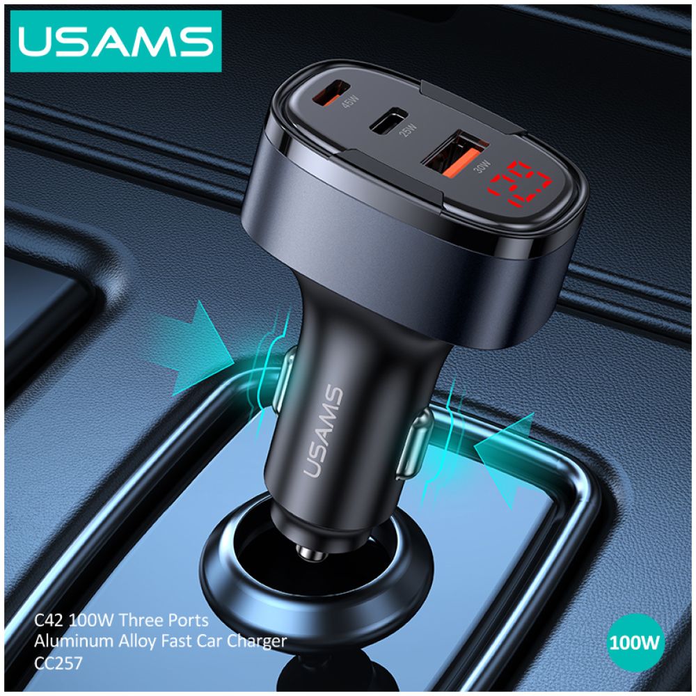 USAMS φορτιστής αυτοκινήτου US-CC257, USB/USB-C/Lightning, 100W, γκρι - Image 3