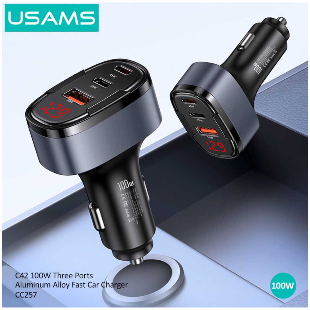 USAMS φορτιστής αυτοκινήτου US-CC257, USB/USB-C/Lightning, 100W, γκρι - Image 4