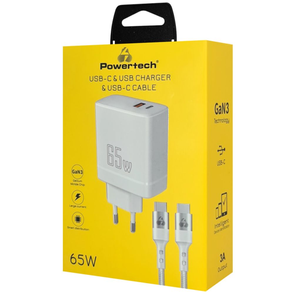 POWERTECH φορτιστής τοίχου PT-1182, καλώδιο, USB/USB-C, 65W, GaN, λευκός - Image 2