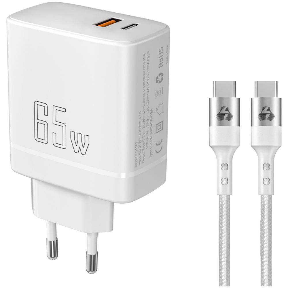 POWERTECH φορτιστής τοίχου PT-1182, καλώδιο, USB/USB-C, 65W, GaN, λευκός