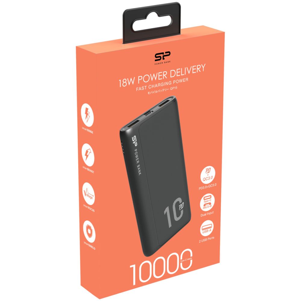 SILICON POWER power bank QP15, 10000mAh, 2x USB & USB Type-C, 3A, μαύρο - Image 4