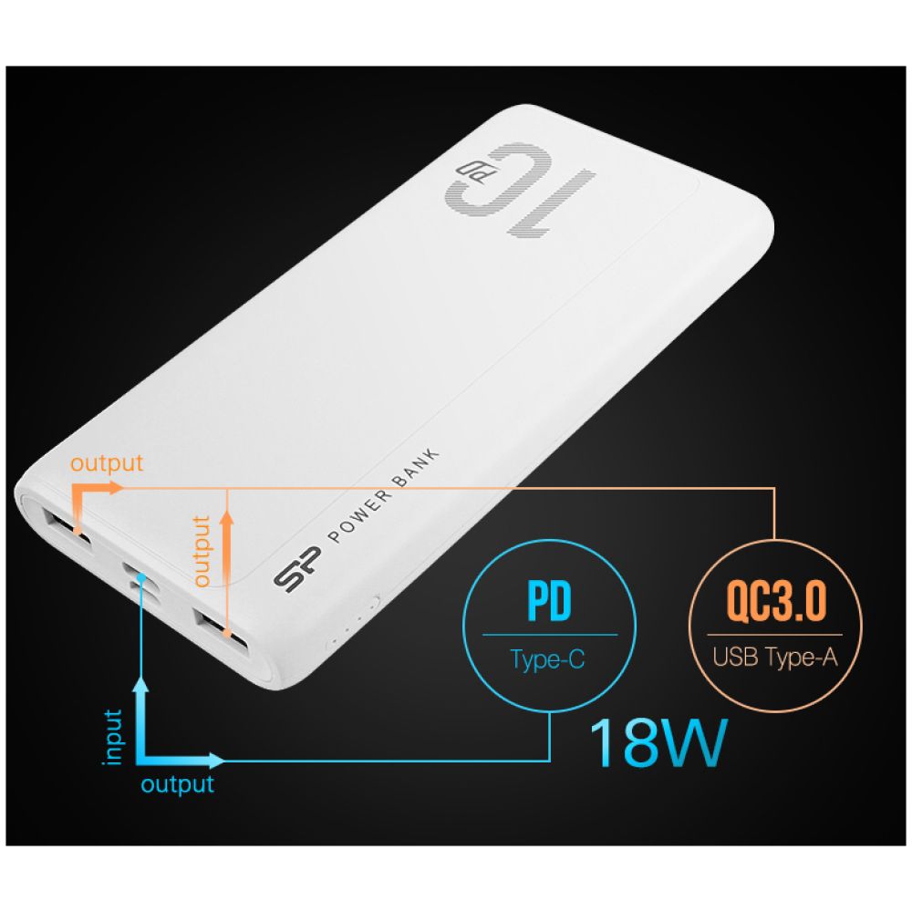 SILICON POWER power bank QP15, 10000mAh, 2x USB & USB Type-C, 3A, λευκό - Image 2