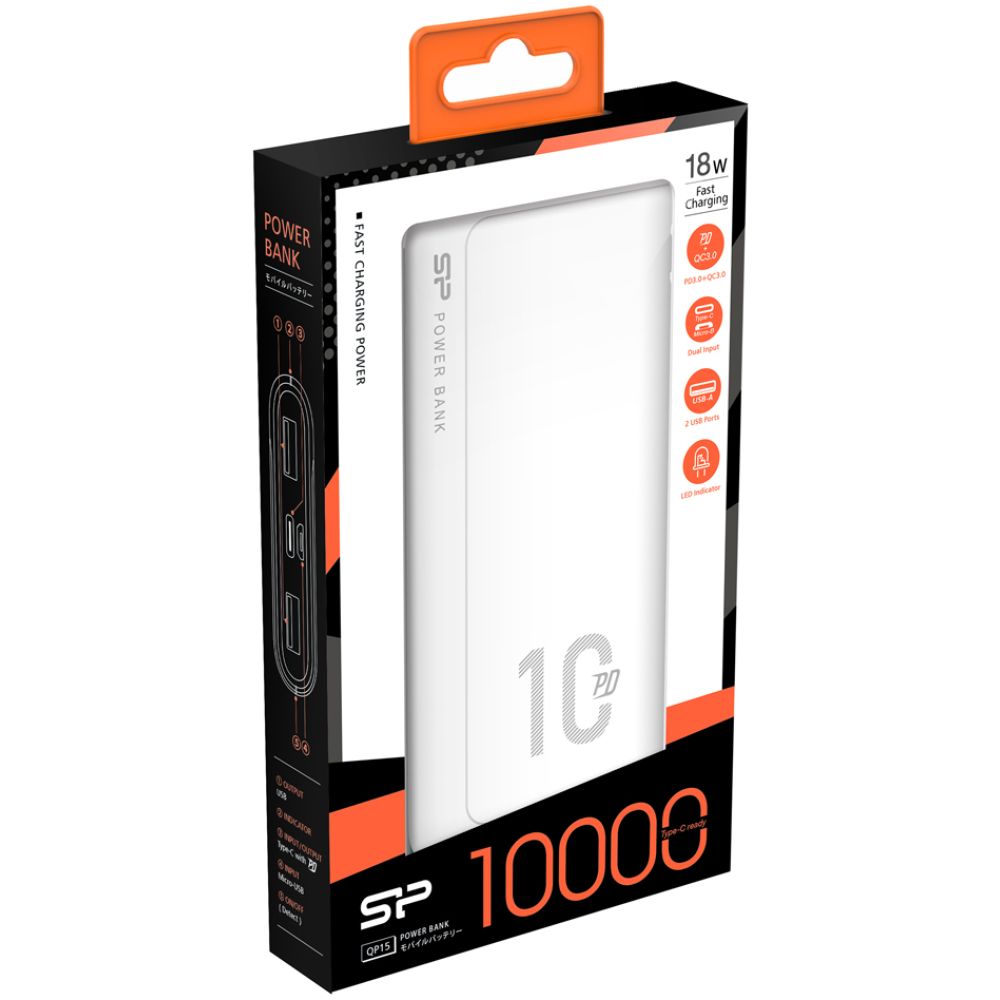 SILICON POWER power bank QP15, 10000mAh, 2x USB & USB Type-C, 3A, λευκό - Image 4