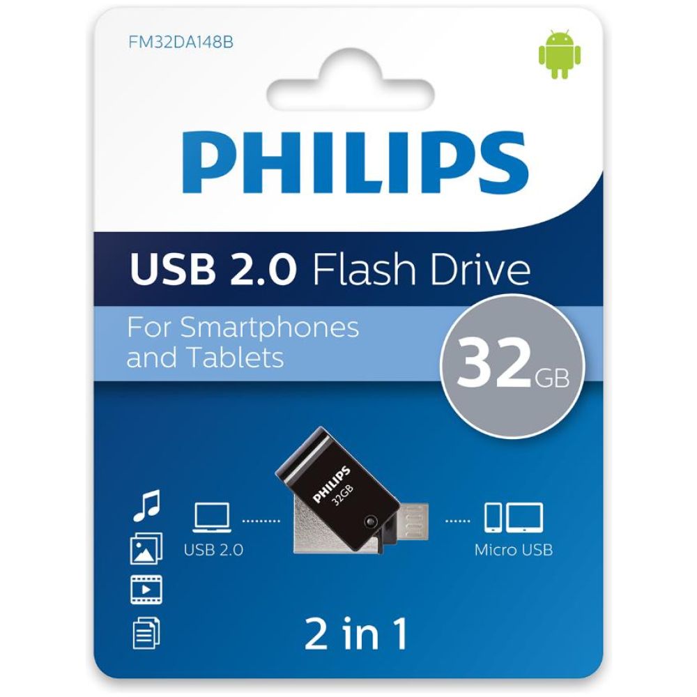 Philips 2-in-1 32GB USB 2.0 Stick με σύνδεση micro USB-B Μαύρο (PHUSB32G2IN1OTGG) (PHIPHUSB32G2IN1OTGG)