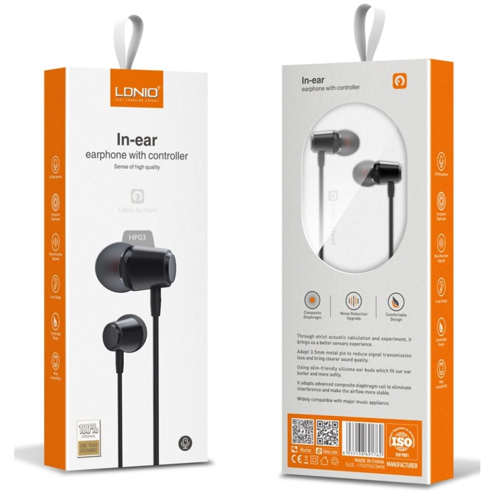 LDNIO earphones με μικρόφωνο HP03, 3.5mm, 1.2m, μαύρα - Image 2