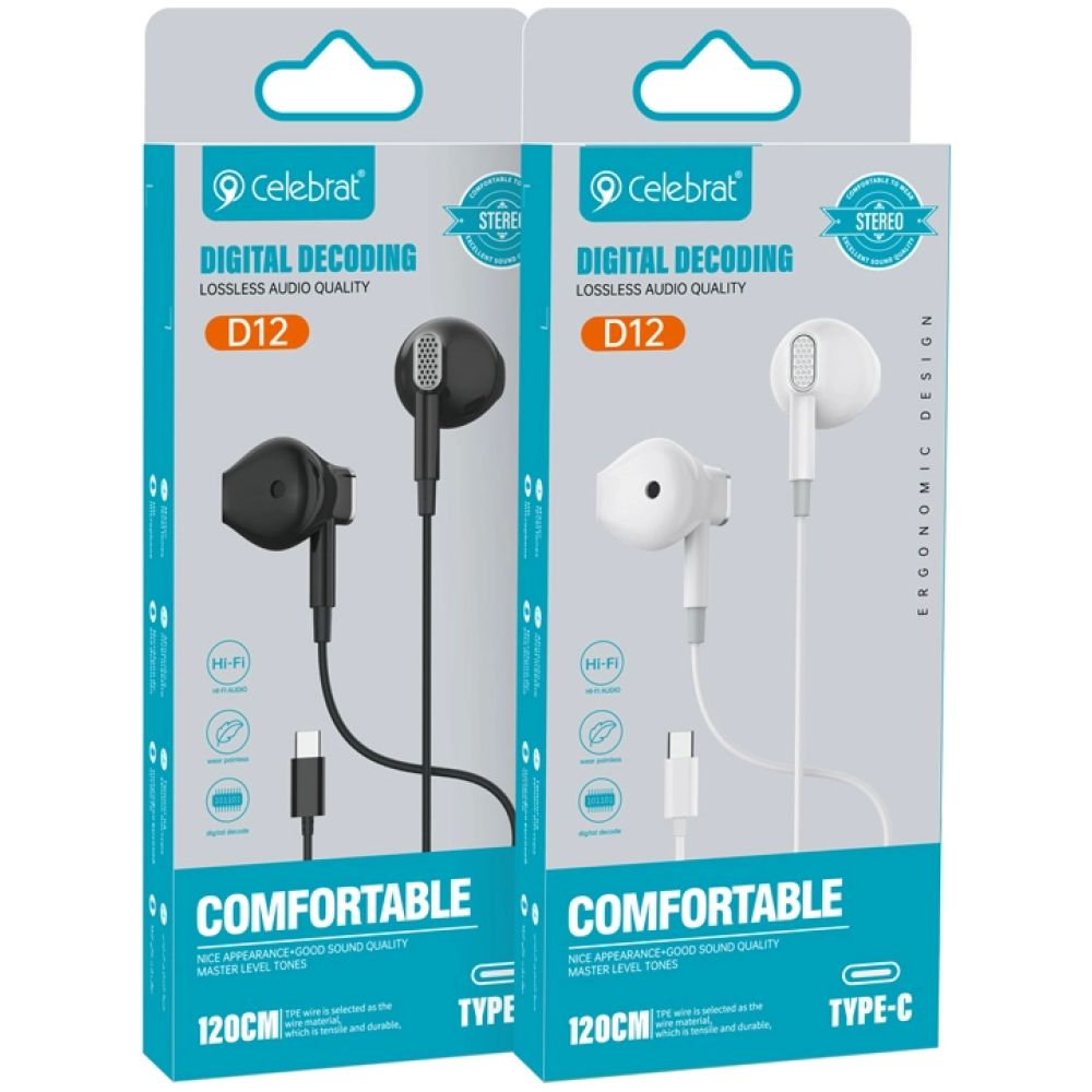 CELEBRAT earphones με μικρόφωνο D12, USB-C, 1.2m, μαύρα - Image 2