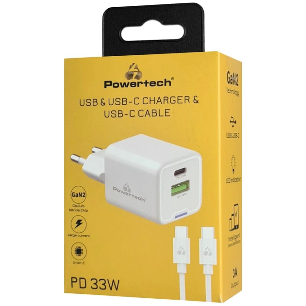 POWERTECH φορτιστής τοίχου PT-1224, καλώδιο, USB/USB-C, 33W, GaN, λευκός - Image 2