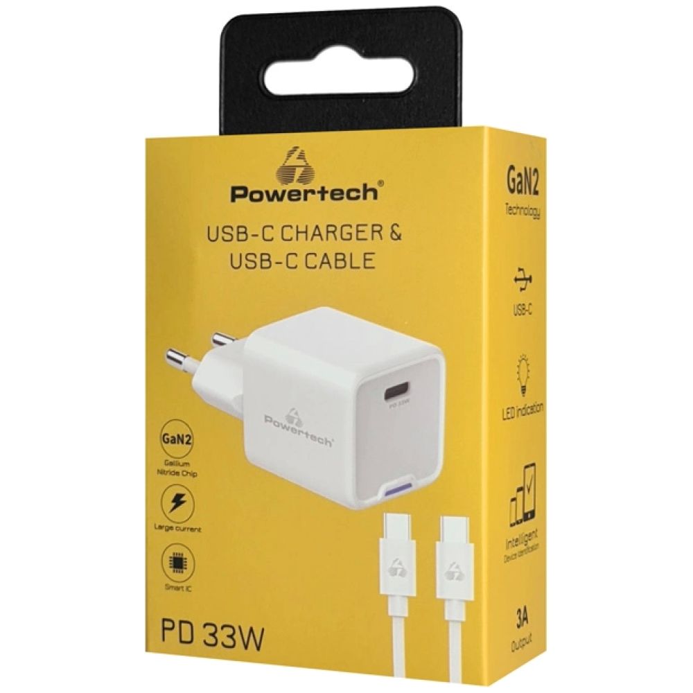 POWERTECH φορτιστής τοίχου PT-1225 με καλώδιο, USB-C, 33W, GaN, λευκός - Image 2