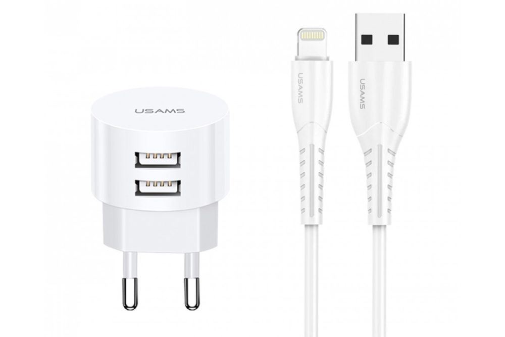 USAMS φορτιστής τοίχου T20 & καλώδιο Lightning, 2x USB, 2.1A, λευκός